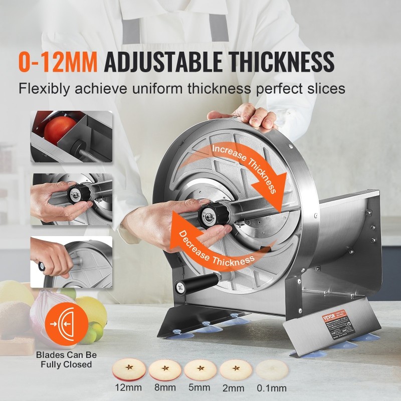 Manuaalinen ruostumattomasta teräksestä valmistettu vihannesleikkuri 0–12 mm sisältää 2 varaterää