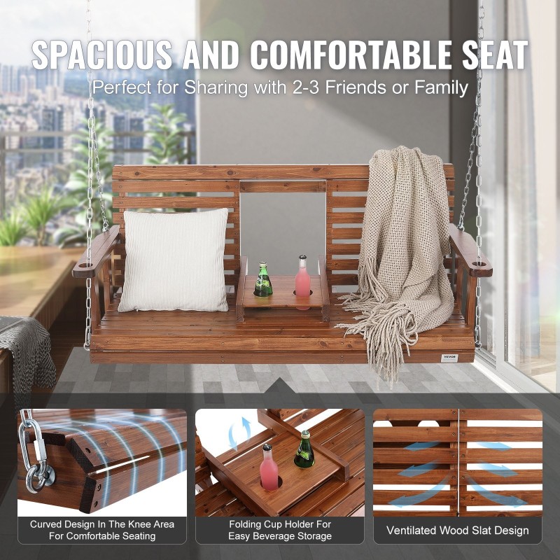 Puuinen kuistikeinu seetripuusta teräsketjuilla 1523 mm 880 paunaa hiiltynyt ruskea