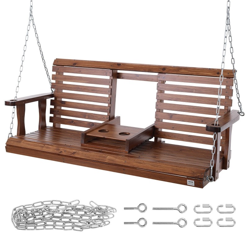 Puuinen kuistikeinu seetripuusta teräsketjuilla 1523 mm 880 paunaa hiiltynyt ruskea