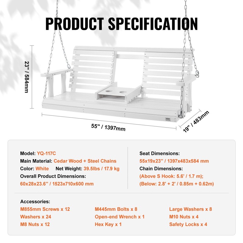 Puuterassikeinu seetripuusta 152 cm 880 paunan kantavuus teräsketjuilla valkoinen
