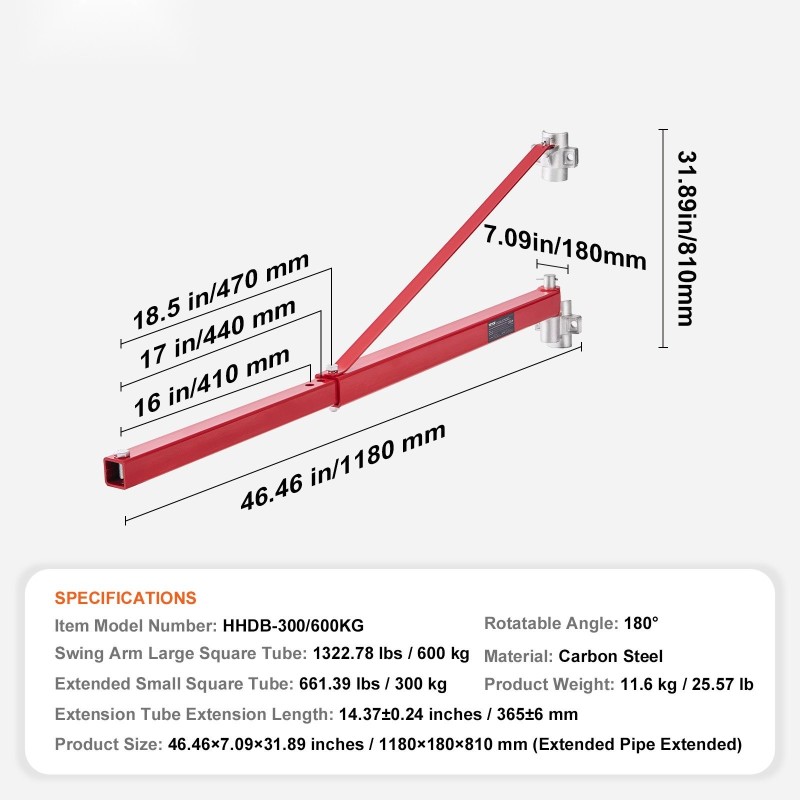 Sähkövinssin tukivarsi hiiliterästä 600 kilon kantavuudella 180 asteen kääntyvä jatkettava putki