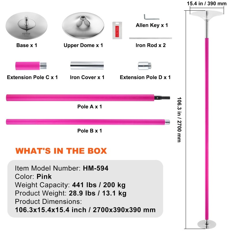 Tankotanssitanko 40 mm teräs säädettävä korkeus pyörivä ja staattinen pinkki