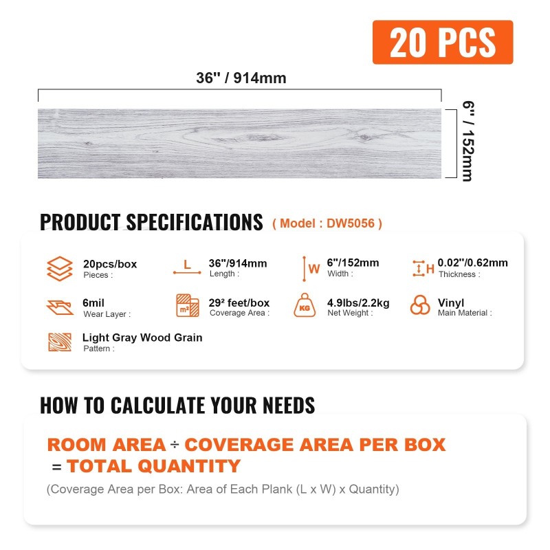 Itsekiinnittyvät vinyylilaatat 914×152 mm 20 kpl vaaleanharmaa puukuosi