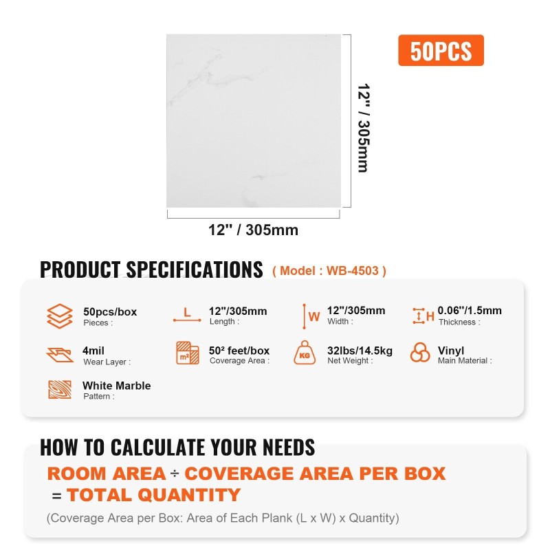 Itsekiinnittyvät vinyylilaatat 305x305 mm 1,5 mm 50 kpl valkoinen marmorikuvio