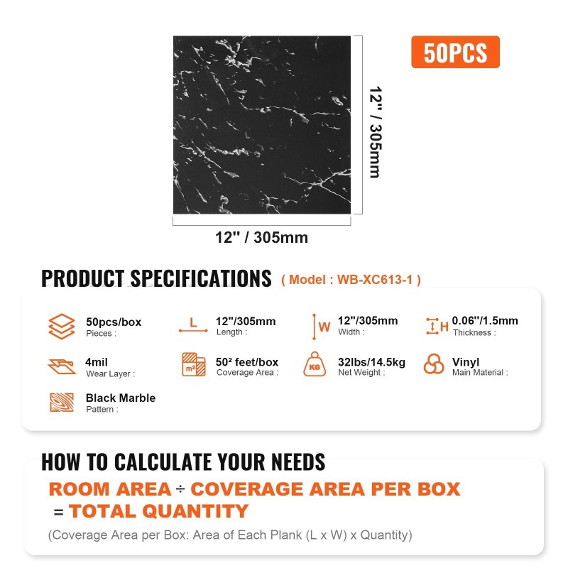 Itsekiinnittyvät vinyylilaatat 305×305 mm 50 kpl 1,5 mm musta marmori