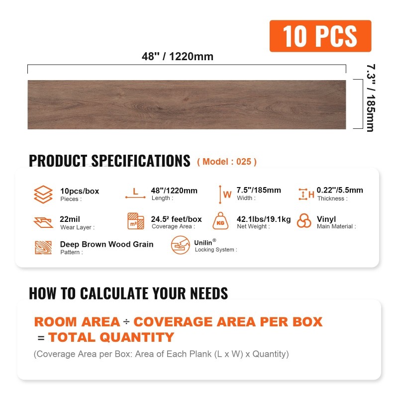 Vinyylilattialaatat vinyyli 1220 x 185 mm 5,5 mm 10 kpl syvänruskea puunsyykuvio