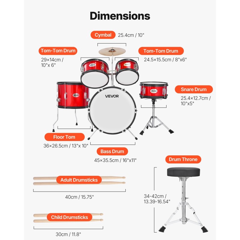 5-osainen juniorirumpusetti 16-tuumaisella bassorummulla 6–13-vuotiaille säädettävä jakkara punainen