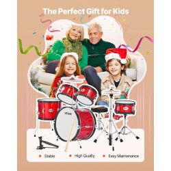 5-osainen juniorirumpusetti 16-tuumaisella bassorummulla 6–13-vuotiaille säädettävä jakkara punainen