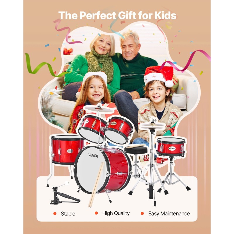 5-osainen juniorirumpusetti 16-tuumaisella bassorummulla 6–13-vuotiaille säädettävä jakkara punainen