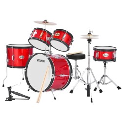 5-osainen juniorirumpusetti 16-tuumaisella bassorummulla 6–13-vuotiaille säädettävä jakkara punainen