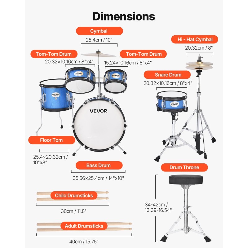 5-osainen juniorirumpusetti 14-tuumainen poppeli hiiliteräs säädettävä jakkara 6–13-vuotiaille