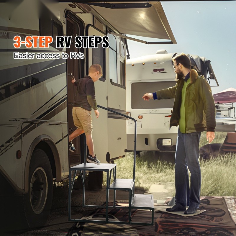 Matkailuauton 3-askelmaiset portaat paksunnettu seosteräs 199,6 kg kantavuus kaide