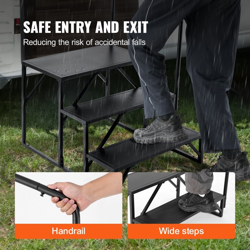 Matkailuauton 3-askelmaiset portaat paksunnettu seosteräs 199,6 kg kantavuus kaide