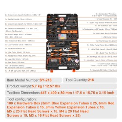 Käsityökalusarja 216-osainen korkealaatuista terästä kromipinnalla kotiin ja autohuoltoon