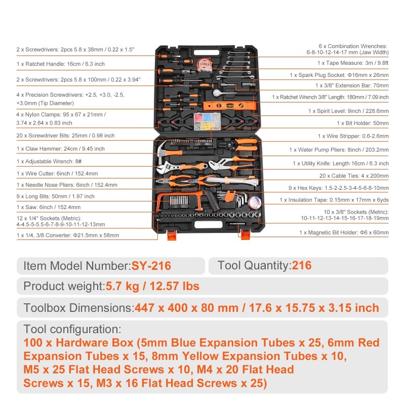 Käsityökalusarja 216-osainen korkealaatuista terästä kromipinnalla kotiin ja autohuoltoon