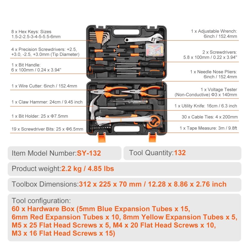 Kotitaloustyökalusarja 132 osaa korkealaatuinen teräs kromiviimeistely kannettava laukku kodin ja auton huoltoon