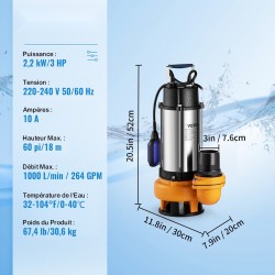 Uppopumppu ruostumaton teräs 2200 W 60000 l/h 10 m johto automaattinen kellukekytkin