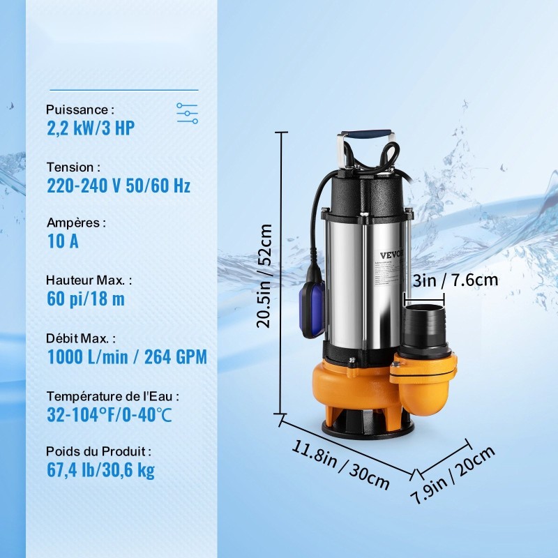 Uppopumppu ruostumaton teräs 2200 W 60000 l/h 10 m johto automaattinen kellukekytkin