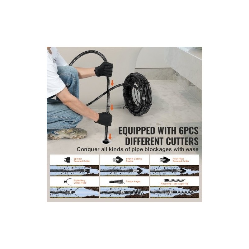 Viemärin puhdistuskaapeli 65Mn jousiteräs 13,7m 22mm kuusi leikkuupäätä 20–150mm