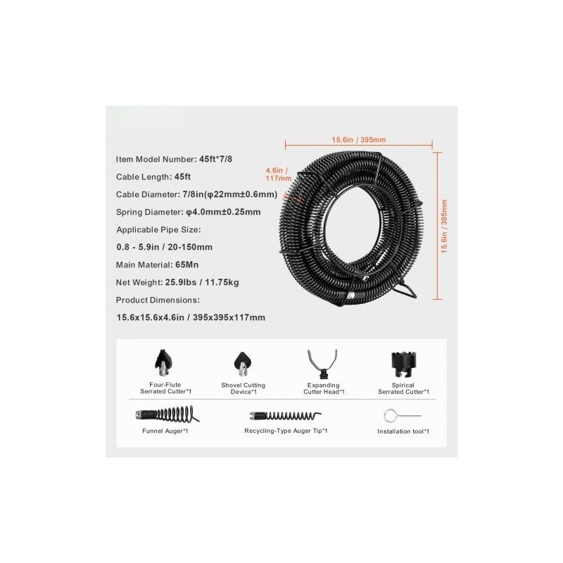Viemärin puhdistuskaapeli 65Mn jousiteräs 13,7m 22mm kuusi leikkuupäätä 20–150mm