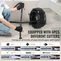 Viemärin puhdistuskaapeli jousiteräs 60 jalkaa 30 mm 6 leikkuupäätä 50–200 mm putkille