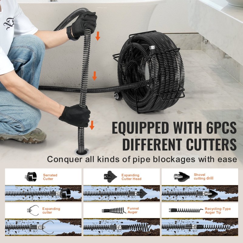 Viemärin puhdistuskaapeli jousiteräs 60 jalkaa 30 mm 6 leikkuupäätä 50–200 mm putkille