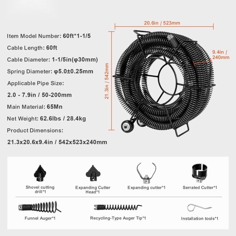 Viemärin puhdistuskaapeli jousiteräs 60 jalkaa 30 mm 6 leikkuupäätä 50–200 mm putkille