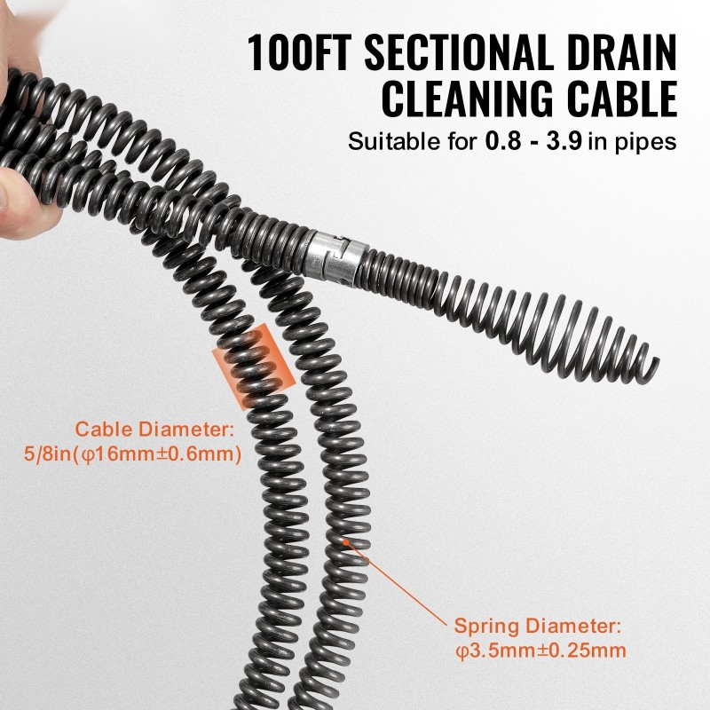 Jaksotettu viemärin puhdistuskaapeli 30,5 m 16 mm 65Mn jousiteräs 7 leikkuupäätä