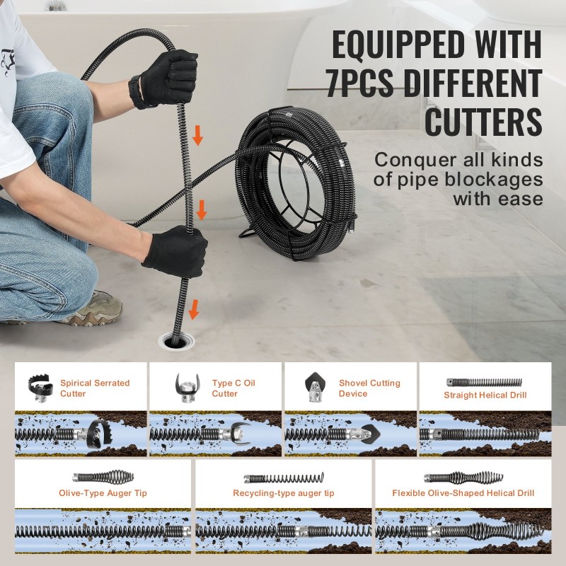 Jaksotettu viemärin puhdistuskaapeli 30,5 m 16 mm 65Mn jousiteräs 7 leikkuupäätä