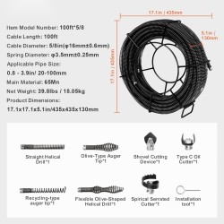 Jaksotettu viemärin puhdistuskaapeli 30,5 m 16 mm 65Mn jousiteräs 7 leikkuupäätä
