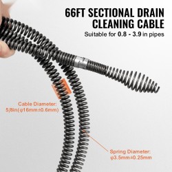Viemärinpuhdistuskaapeli jousiteräs 20,1 m 16 mm 7 leikkuupäätä 20-100 mm putkille