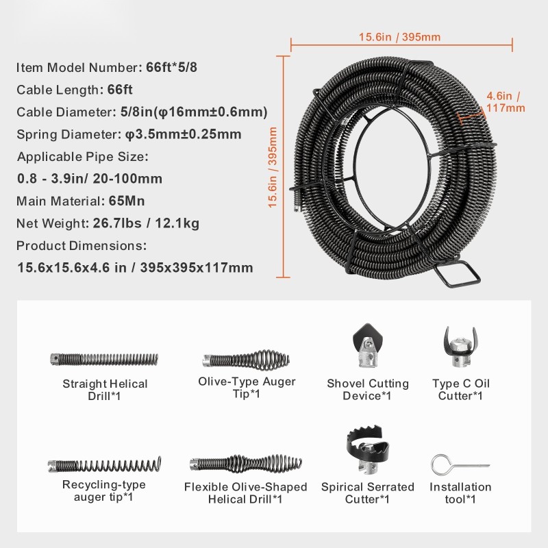 Viemärinpuhdistuskaapeli jousiteräs 20,1 m 16 mm 7 leikkuupäätä 20-100 mm putkille