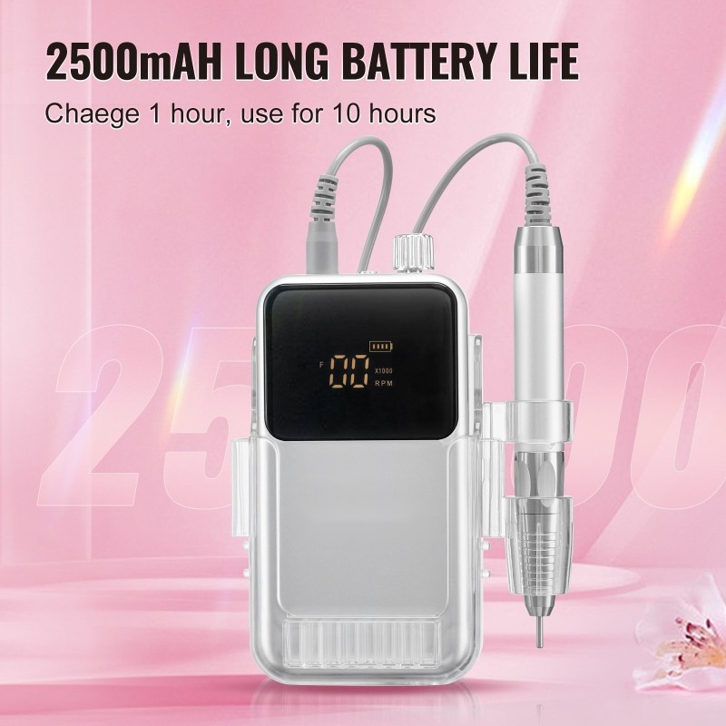 Johdoton sähköinen kynsipora alumiinirunko harjaton moottori 2500 mAh 6 hiomapäänterää 50 hiomanauhaa