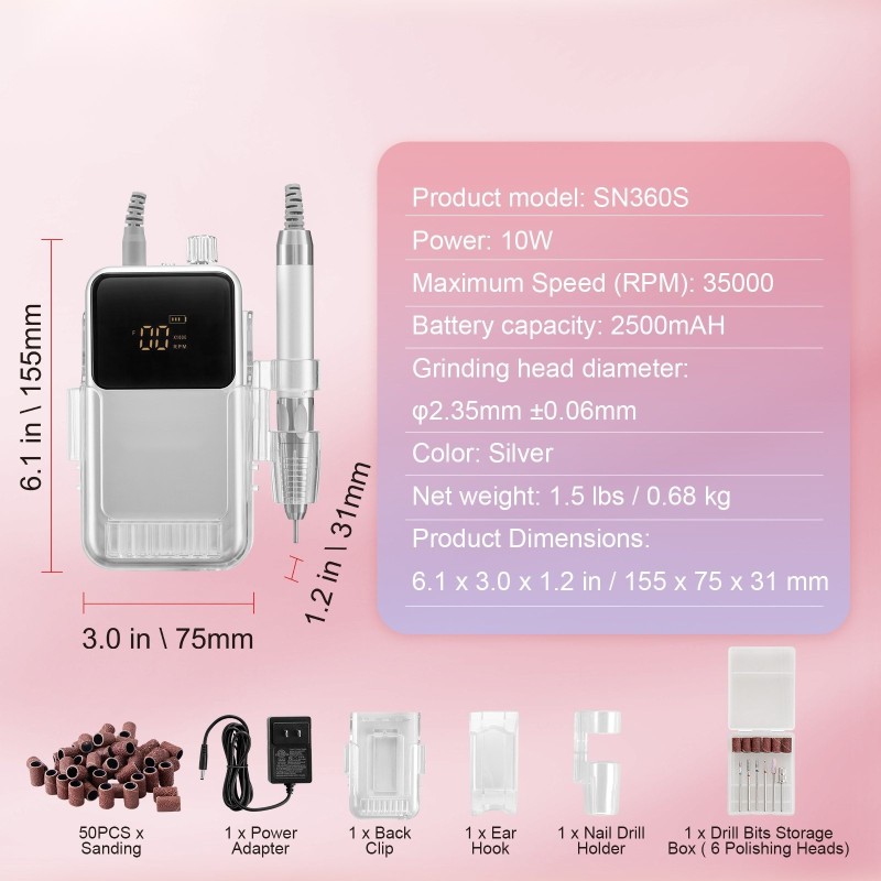 Johdoton sähköinen kynsipora alumiinirunko harjaton moottori 2500 mAh 6 hiomapäänterää 50 hiomanauhaa