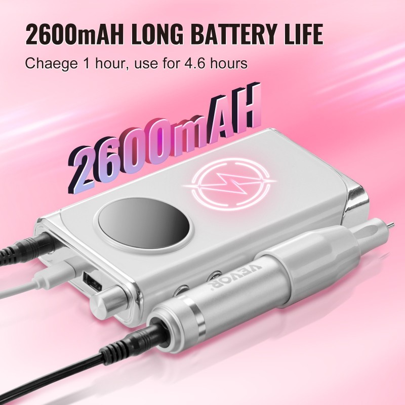 Ladattava kynsipora alumiinirunko johdoton näytöllä 6 terää 50 hiomanauhaa manikyyriin