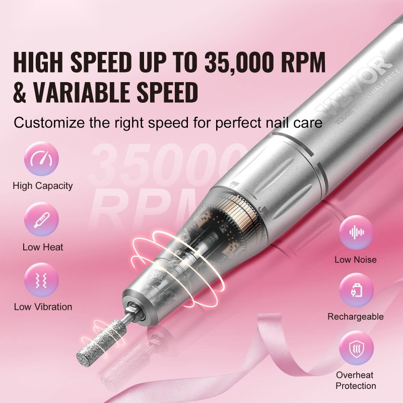 Sähköinen ladattava kynsipora alumiinirunko 2000mAh 35000RPM LCD-näyttö 6 hiontapäätä 50 hiomanauhaa