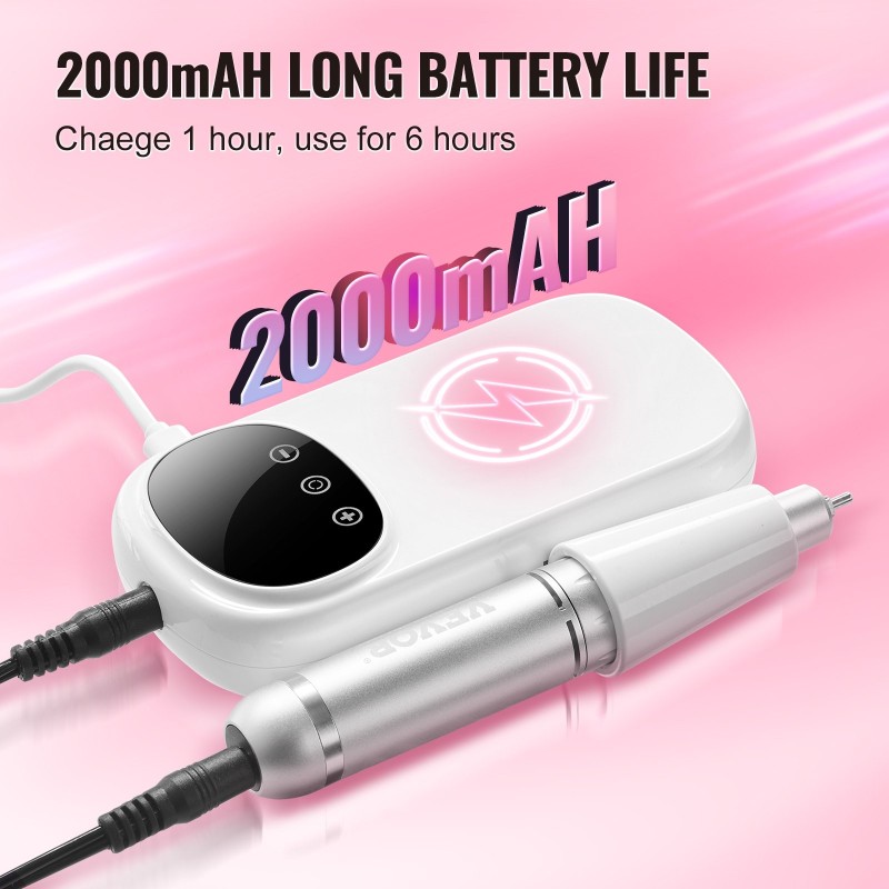 Sähköinen ladattava kynsipora alumiinirunko 2000mAh 35000RPM LCD-näyttö 6 hiontapäätä 50 hiomanauhaa