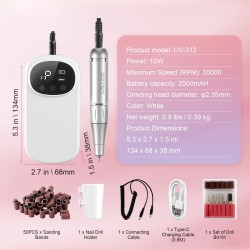 Sähköinen ladattava kynsipora alumiinirunko 2000mAh 35000RPM LCD-näyttö 6 hiontapäätä 50 hiomanauhaa