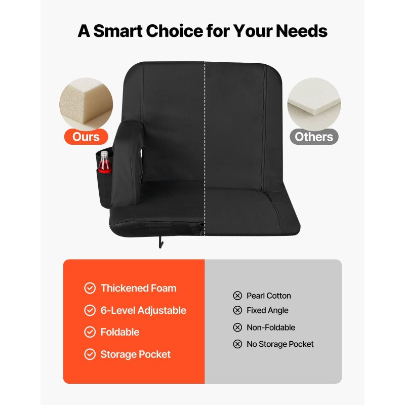 Taitettava stadiontuoli kuusiportainen selkänoja Oxford-kangas leveä istuin paksu pehmuste kyynärnojat