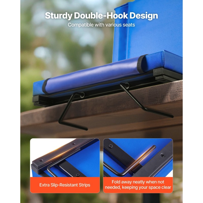 Taitettava stadionistuin selkänojallinen paksu pehmuste 600D Oxford kangas teräsrunko sininen koukut sivutaskut