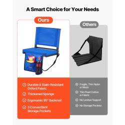 Taitettava stadionituoli Oxford-kangas teräsrunko paksu pehmuste selkänoja sininen olkahihnat piilotetut koukut säilytystaskut