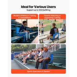 Taitettava stadionituoli Oxford-kangas teräsrunko paksu pehmuste selkänoja sininen olkahihnat piilotetut koukut säilytystaskut