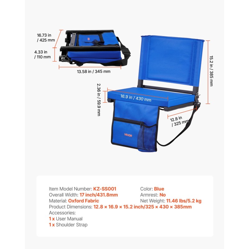 Taitettava stadionituoli Oxford-kangas teräsrunko paksu pehmuste selkänoja sininen olkahihnat piilotetut koukut säilytystaskut