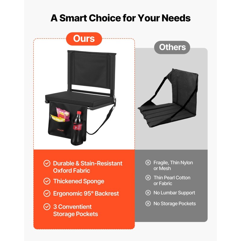 Taitettava stadiontuoli selkänojalla paksulla pehmusteella teräsrunko vedenpitävä musta kangas olkahihnat kiinnityskoukut