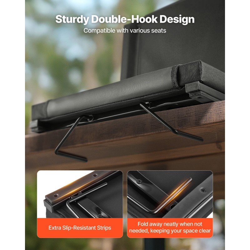 Taitettava stadiontuoli selkänojalla paksulla pehmusteella teräsrunko vedenpitävä musta kangas olkahihnat kiinnityskoukut