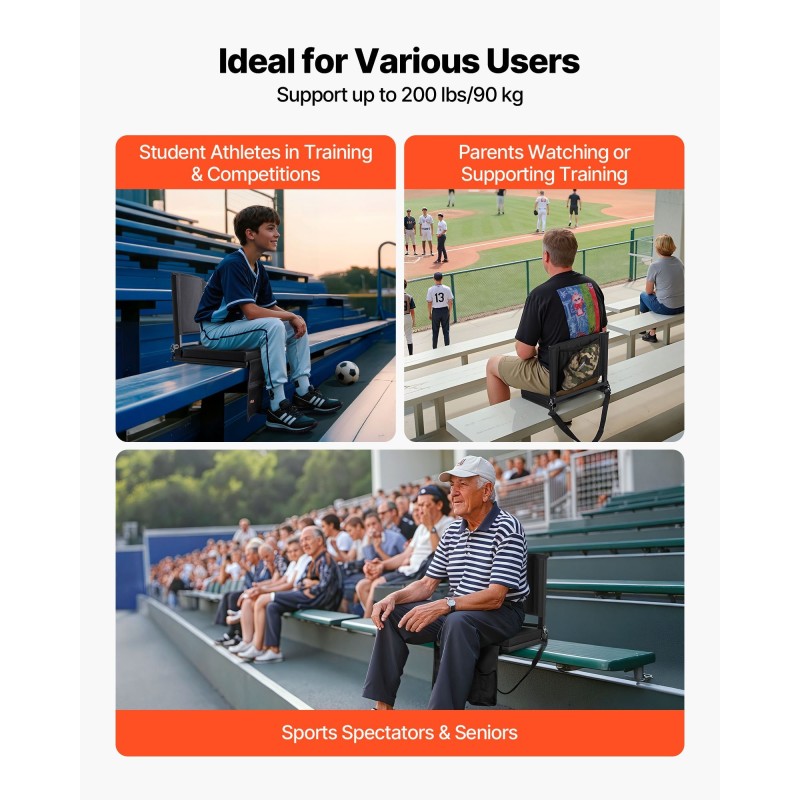 Taitettava stadiontuoli selkänojalla paksulla pehmusteella teräsrunko vedenpitävä musta kangas olkahihnat kiinnityskoukut