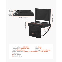 Taitettava stadiontuoli selkänojalla paksulla pehmusteella teräsrunko vedenpitävä musta kangas olkahihnat kiinnityskoukut