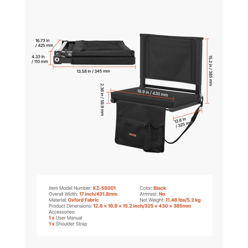 Taitettava stadiontuoli selkänojalla paksulla pehmusteella teräsrunko vedenpitävä musta kangas olkahihnat kiinnityskoukut