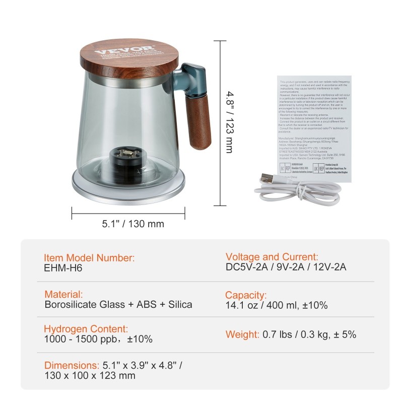 Vetyvesikuppi 400 ml borosilikaattilasinen ABS-rakenteella langattomalla latausalustalla