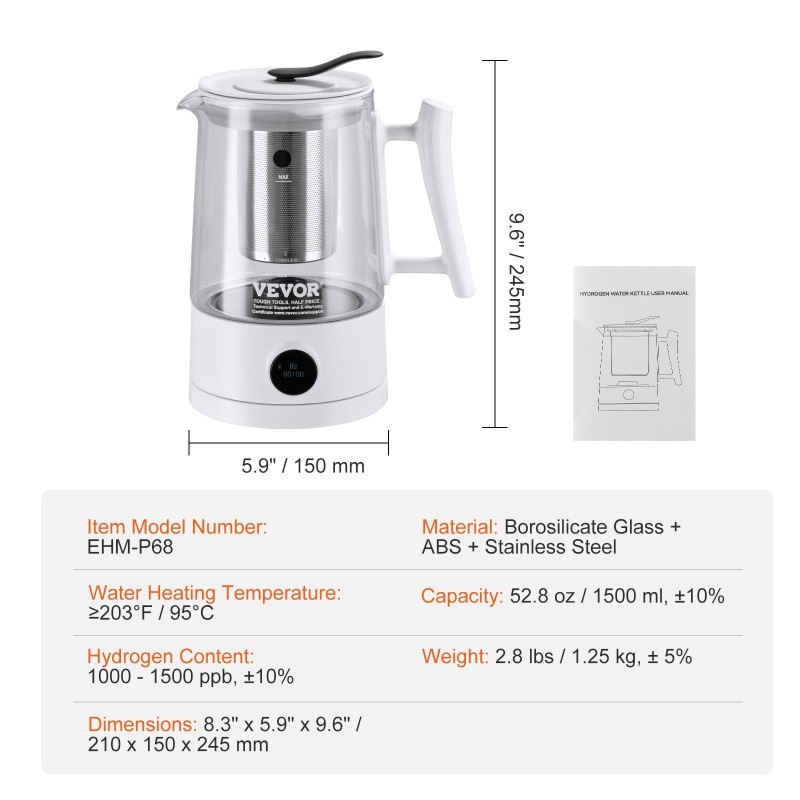 Vetyvesikannu 1,5 l borosilikaattilasilla elektrolyysitekniikalla kahvin ja teen valmistukseen